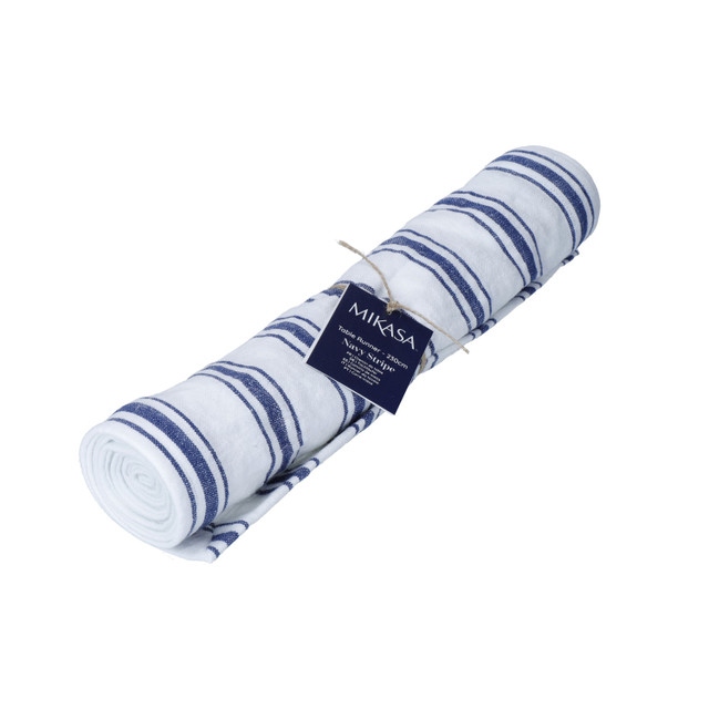 Mikasa Cotton / Linen Mix Stripe Table Runner, Blue, 230cm, Tagged