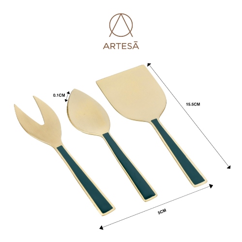 Kaasmessen, Set van 3 Stuks, RVS, Goud, Smaragdgroen Emaille Handvat, 15.5 CM - Artesà