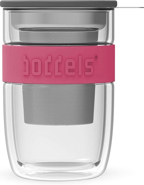 Theeglas, Theebeker, 0.38 L, Incl Filter en Deksel, Dubbelwandig, Frambozen Rood - Boddels | Seev