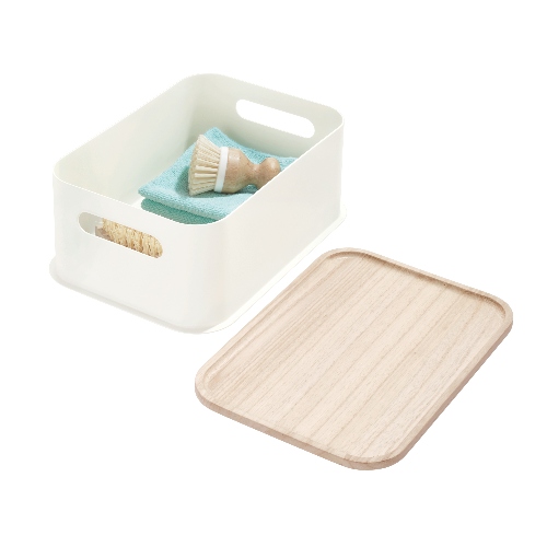 Opbergbox met Handvat en Deksel, 30.2 x 21.3 x 12.7 cm,  Paulownia Hout, Kokoswit - iDesign | Eco Storage