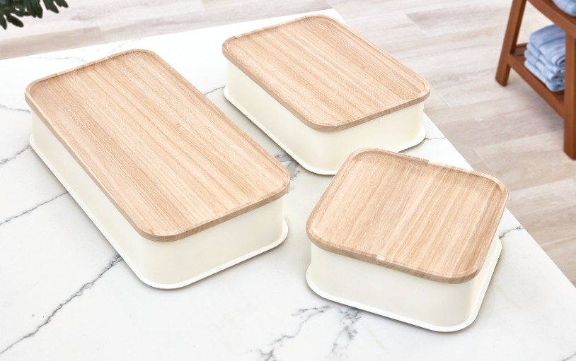 Opbergbox met Deksel, 30.2 x 21.3 x 7.6 cm, Paulownia Hout, Kokoswit - iDesign | Eco Storage