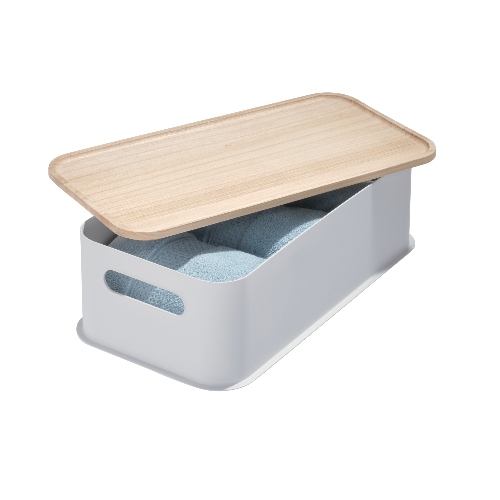 Opbergbox met Handvat en Deksel, 21.3 x 43 x 12.7 cm, Paulownia Hout, Grijs - iDesign | Eco Storage