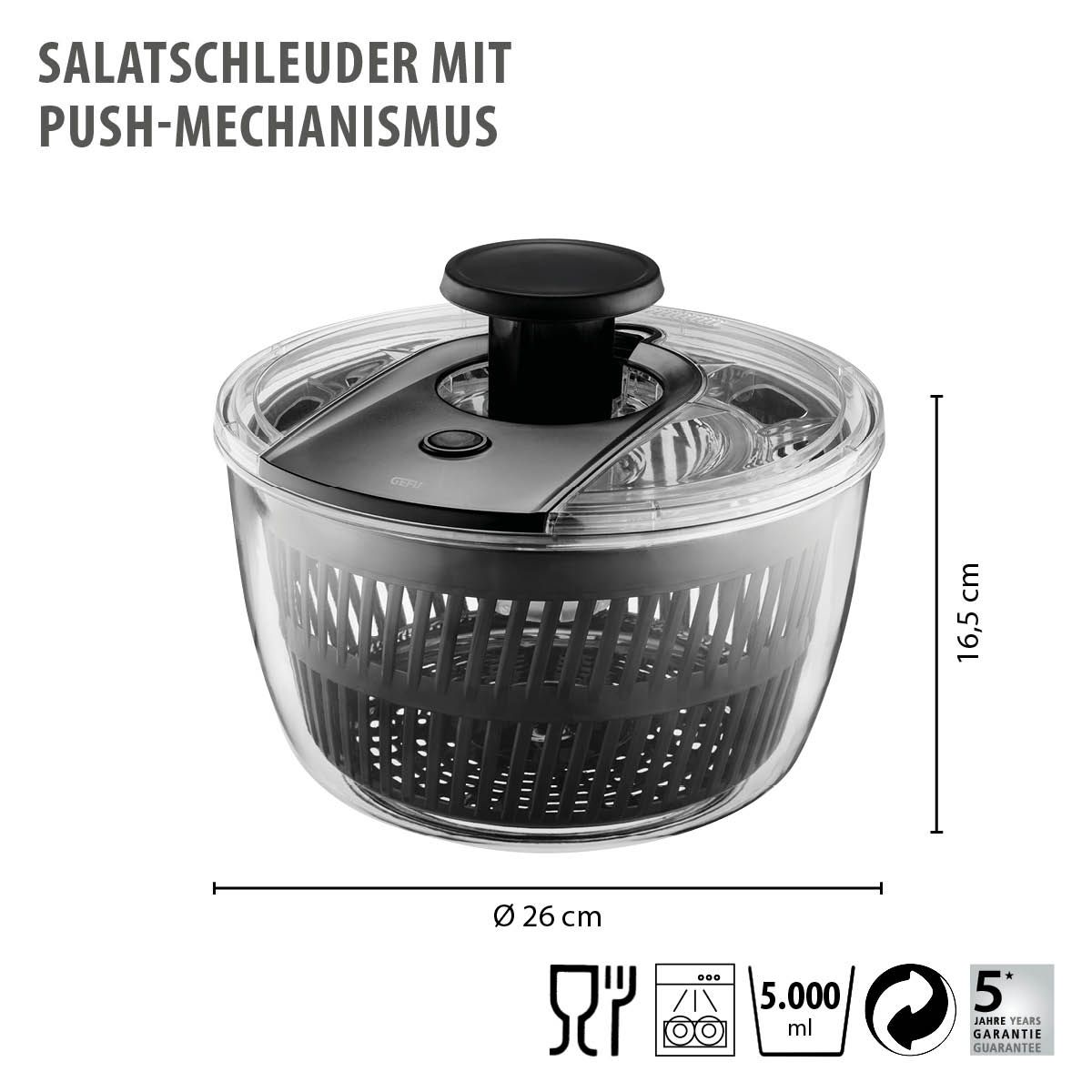 Slacentrifuge, Sladroger, Slazwierder, 5L, Handige Drukknop, Stopknop, Antislip, Afgiet Deksel - GEFU | Push