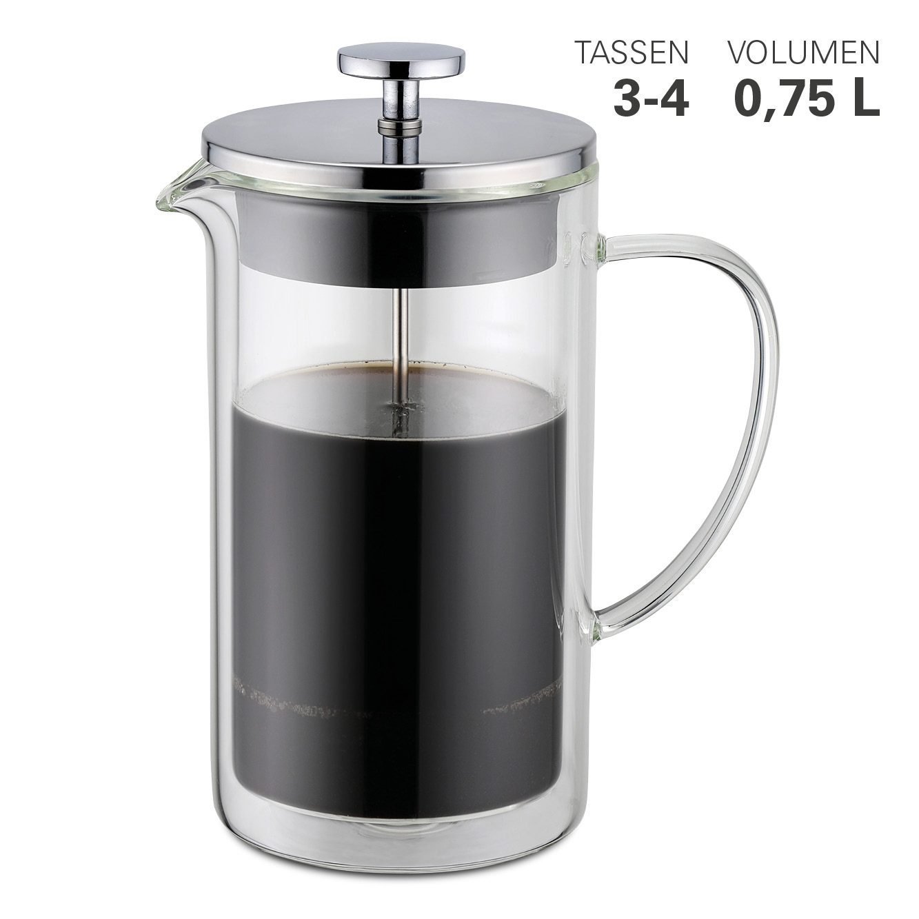 Cafetière, 750 ml, Dubbelwandig, Glas – Weis
