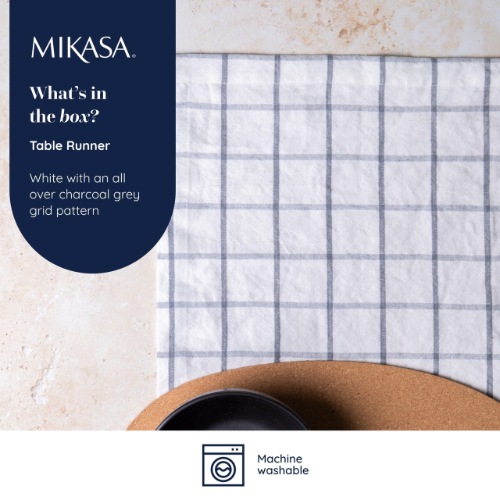 Mikasa Cotton / Linen Mix Check Table Runner, Grey, 230cm, Tagged