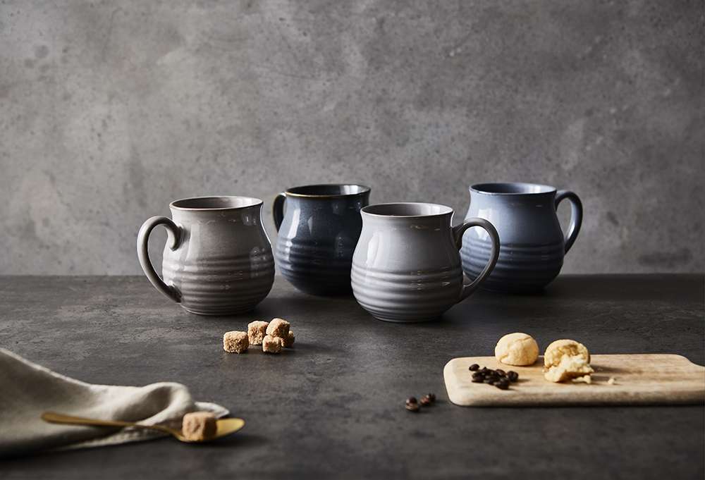 Beker, Mok, Set van 4 Stuks, 0.55 L, Rimpel Effect, Keramiek - Barbary & Oak | Abyss