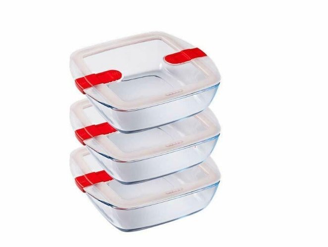 Cook & Heat Vierkante Schaal Met Magnetronbestendige Deksel - Set van 3 Stuks - Glas - Pyrex