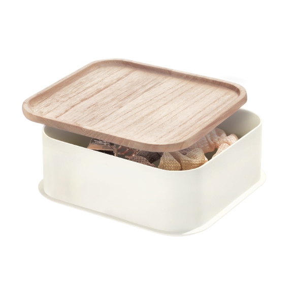 Opbergbox met Deksel, 21.3 x 21.3 x 7.6 cm, Paulownia Hout, Kokoswit - iDesign | Eco Storage