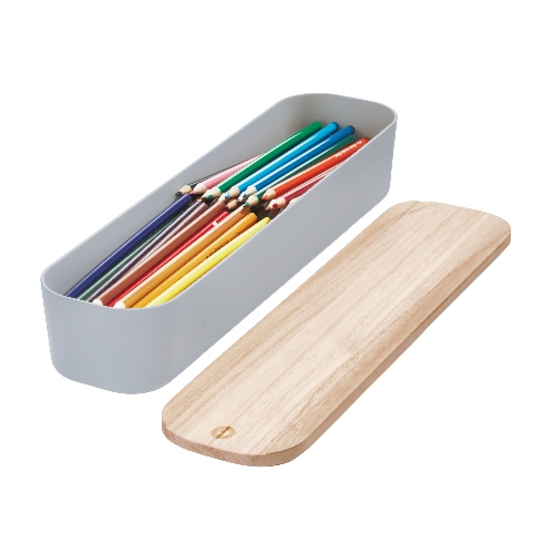 Opbergbox met Deksel, Large, 9 x 36.5 x 6 cm, Gerecycled Kunststof/Hout, Grijs - iDesign | Eco Storage