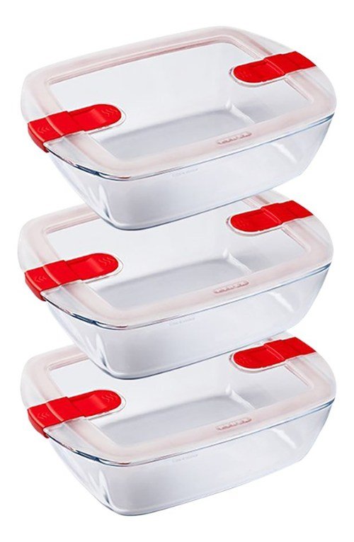 Cook & Heat Rechthoekige Schaal Met Magnetronbestendige Deksel - Set van 3 Stuks - Glas - Pyrex