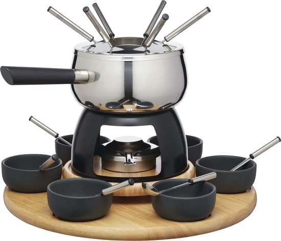 Party Fondue Set, 6 Personen, Fonduepan, 38 CM, Met Lazy Susan Draaiplateau, RVS, Keramiek, Hout - Artesà