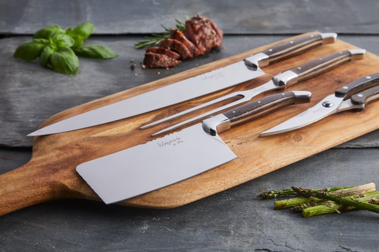 Messenset voor Vlees en Gevogelte, 4 delig, Wengéhout/RVS, Bruin - Wildschaar, Hakbijl, Trancheermes, Vleesvork - Laguiole by Haws