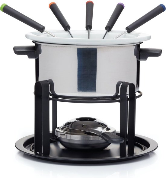 Deluxe Fondue Set, 2 Fonduepannen, RVS, Keramiek, 6 Fonduevorkjes - KitchenCraft