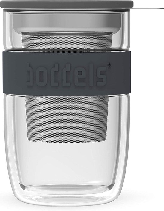 Theeglas, Theebeker, 0.38 L, Incl Filter en Deksel, Dubbelwandig, Antraciet Grijs - Boddels | Seev