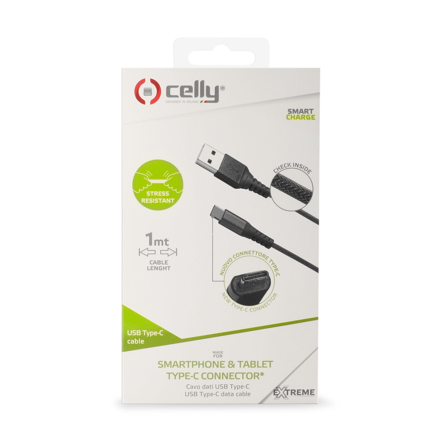 USB-Kabel Type-C, 1 meter, Zwart - Nylon - Celly