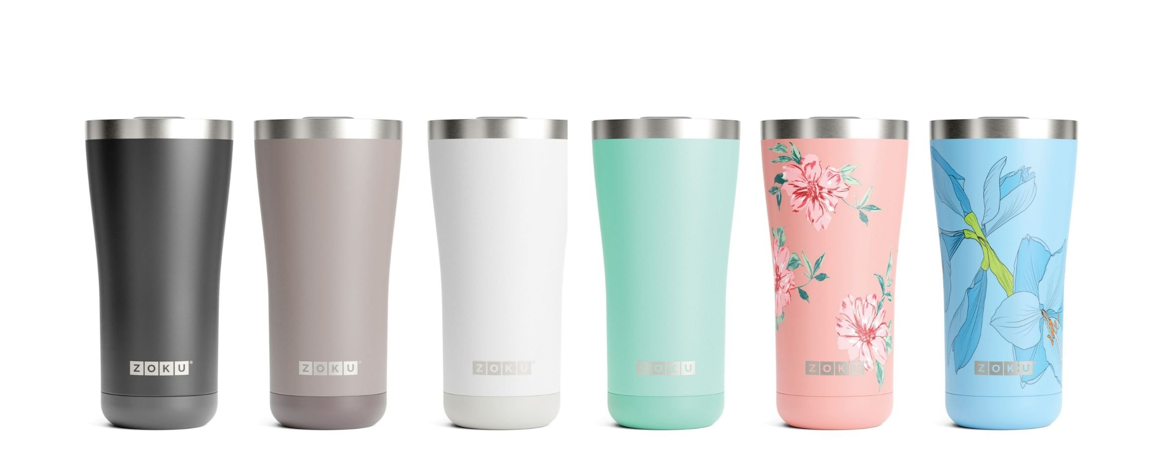 Thermosbeker RVS, 550 ml, Blauw Bloem Design, 3-in-1 - Zoku
