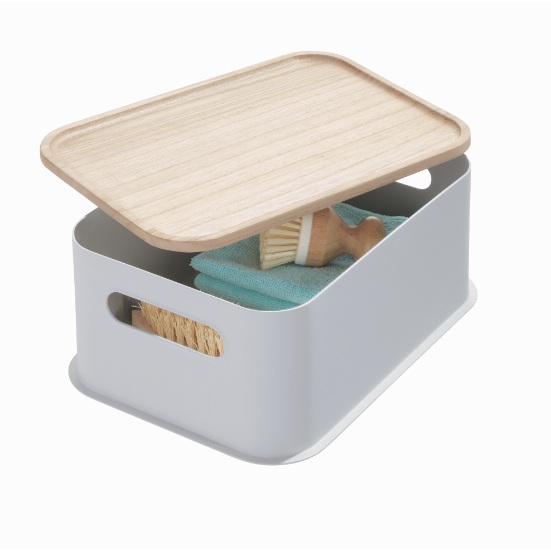 Opbergbox met Handvat en Deksel, 30.2 x 21.3 x 12.7 cm, Paulownia Hout, Grijs - iDesign | Eco Storage