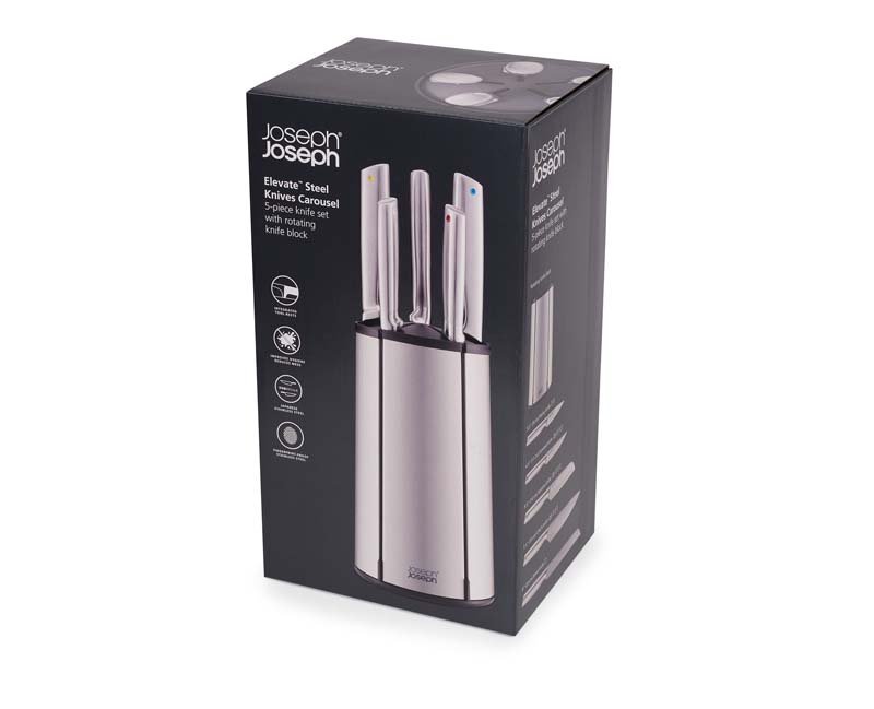 Draaiend Messenblok inclusief 5 Messen, Schilmes, Gekarteld mes, Santokumes, Broodmes, Koksmes, RVS, Zilver  - Joseph Joseph | Elevate