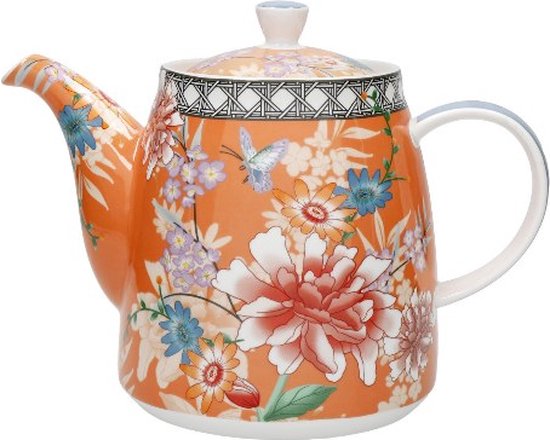 Theepot met Theefilter, 1 L, Bel Vormig, Porselein, Koraal, Bloemen - London Pottery