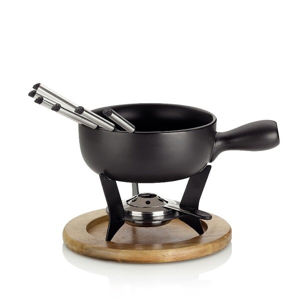Fondueset Keramiek met hout, Zwart - Kela