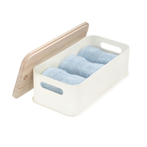 Opbergbox met Handvat en Deksel, 21.3 x 43 x 12.7 cm, Paulownia Hout, Kokoswit - iDesign | Eco Storage