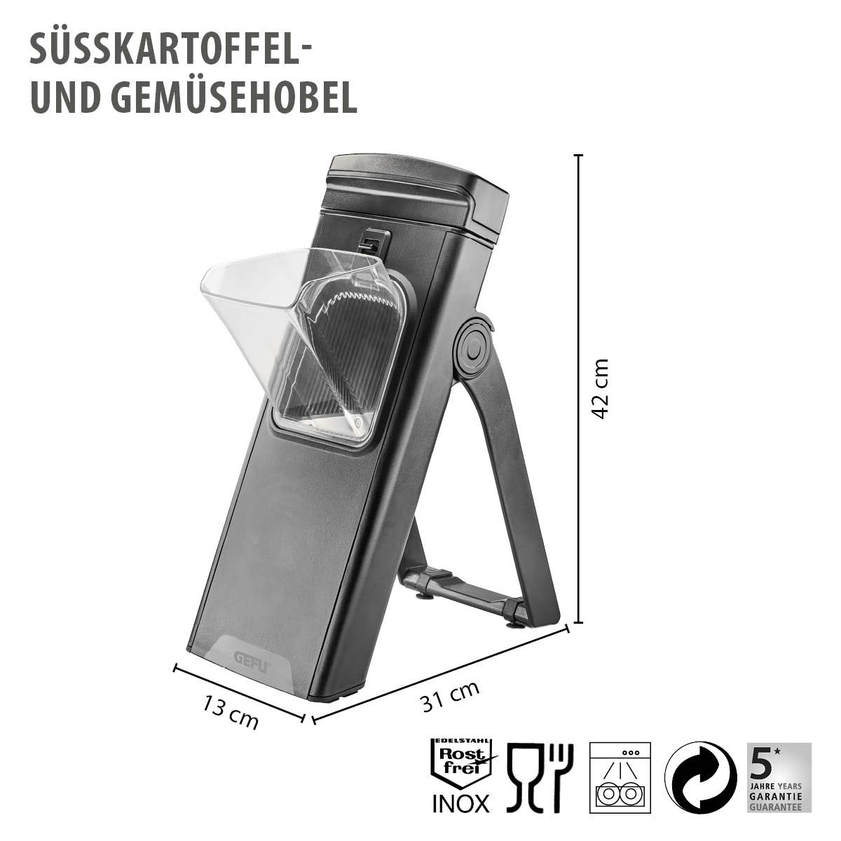 Mandoline, Veilige Aardappel & Groentesnijder, Instelbaar, Plakken & Julienne, Antislip, Inclusief Opvangbak, Zwart, RVS, Kunststof - GEFU | STANDO XL