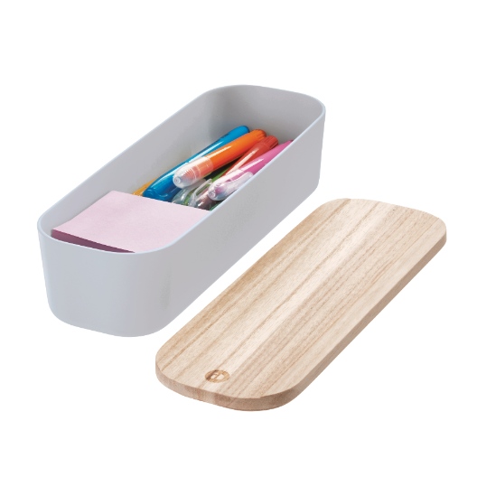 Opbergbox met Deksel, Medium, 9 x 27.5 x 6 cm, Gerecycled Kunststof/Hout, Grijs - iDesign | Eco Storage