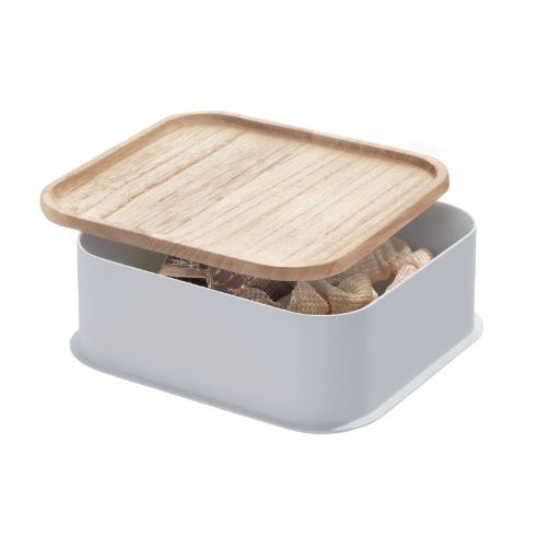 Opbergbox met Deksel, 21.3 x 21.3 x 7.6 cm, Paulownia Hout, Grijs - iDesign | Eco Storage
