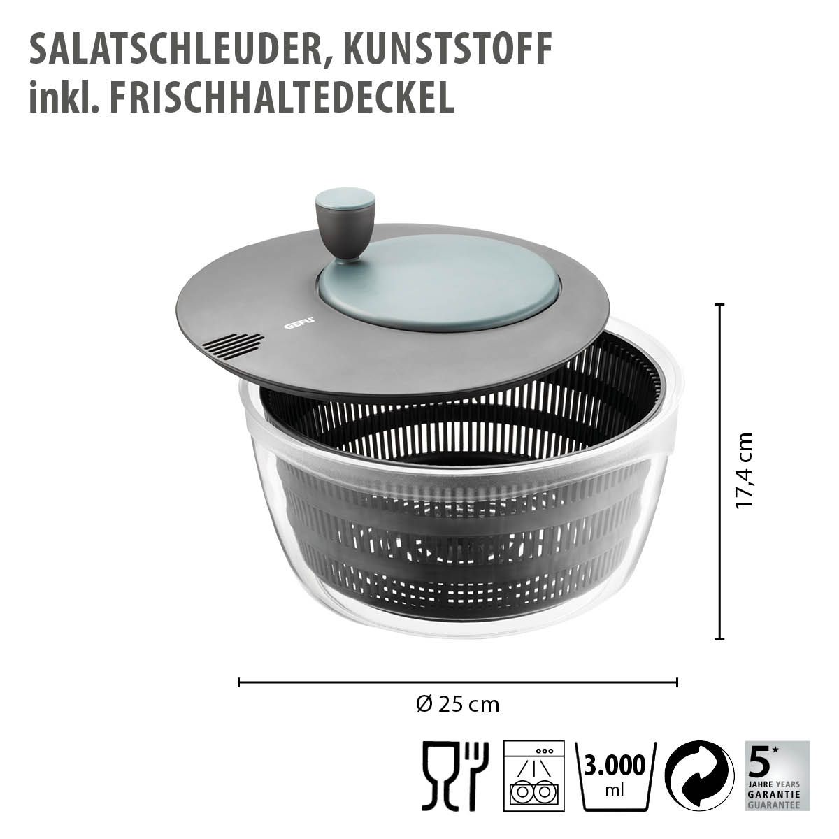 Slacentrifuge, Sladroger, Slazwierder, 3L, Afgiet Deksel, Vershoud deksel, Ø25 cm, Stay Fresh Lid - GEFU | Rotaro