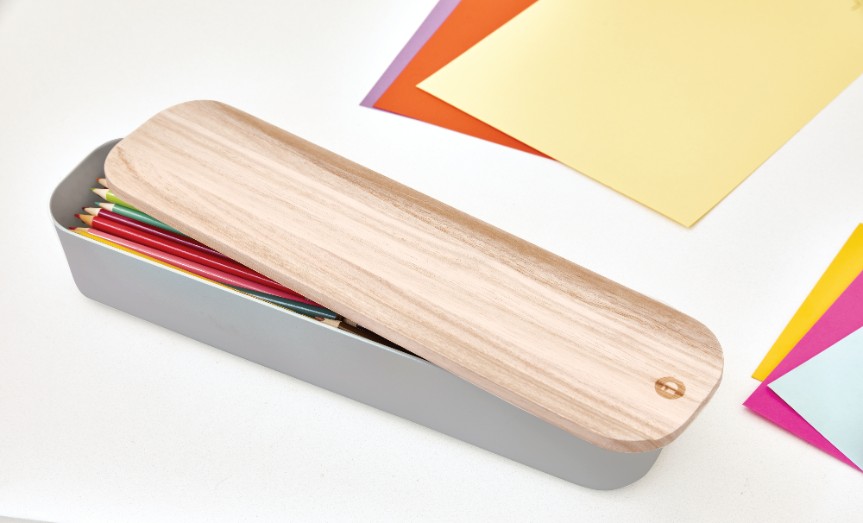 Opbergbox met Deksel, Large, 9 x 36.5 x 6 cm, Gerecycled Kunststof/Hout, Grijs - iDesign | Eco Storage