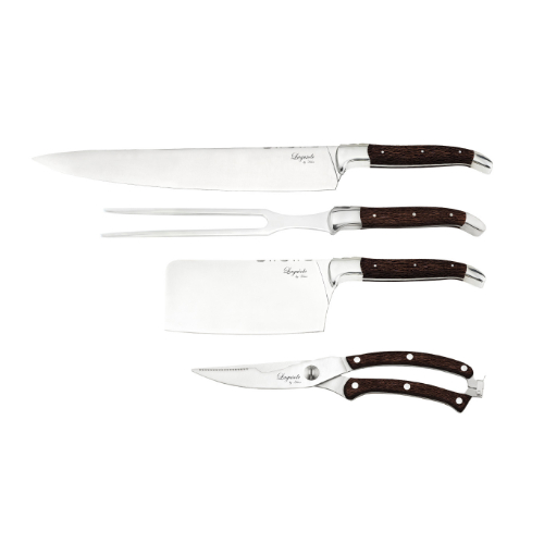 Messenset voor Vlees en Gevogelte, 4 delig, Wengéhout/RVS, Bruin - Wildschaar, Hakbijl, Trancheermes, Vleesvork - Laguiole by Haws
