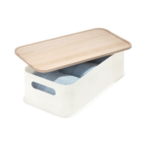 Opbergbox met Handvat en Deksel, 21.3 x 43 x 12.7 cm, Paulownia Hout, Kokoswit - iDesign | Eco Storage