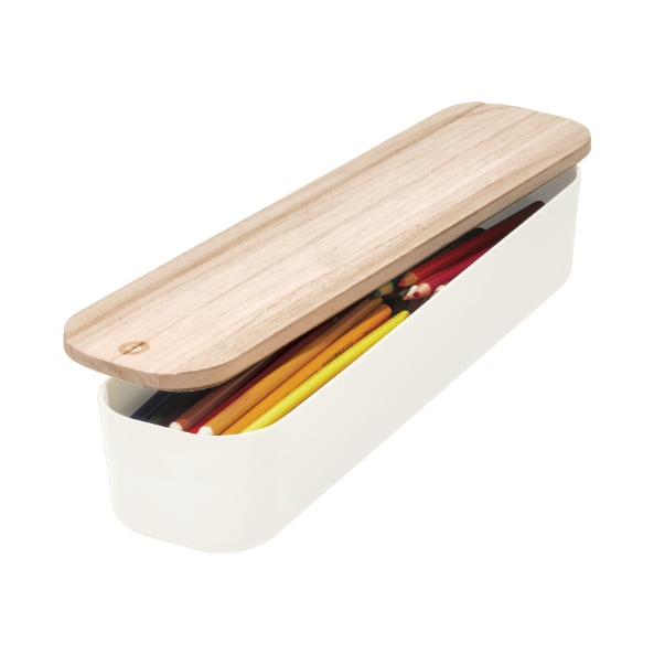 Opbergbox met Deksel, Large, 9 x 36.5 x 6 cm, Gerecycled Kunststof/Hout, Beige - iDesign | Eco Storage