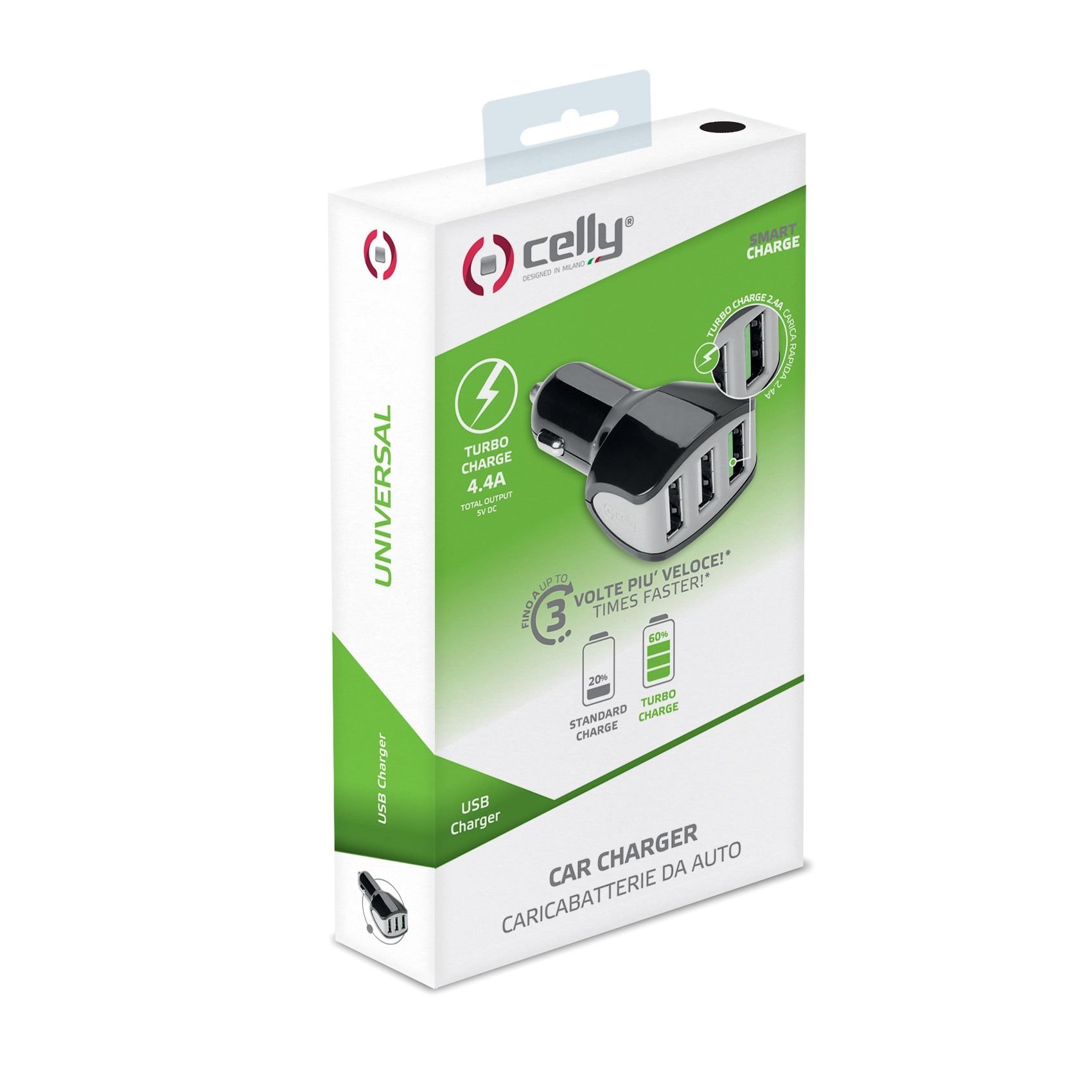 Turbo Autolader 4.4A met 3 USB poorten, Zwart - Celly