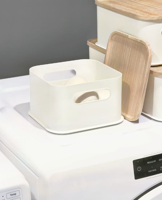 Opbergbox met Handvat en Deksel, 21.3 x 21.3 x 12.7 cm, Paulownia Hout, Kokoswit - iDesign | Eco Storage