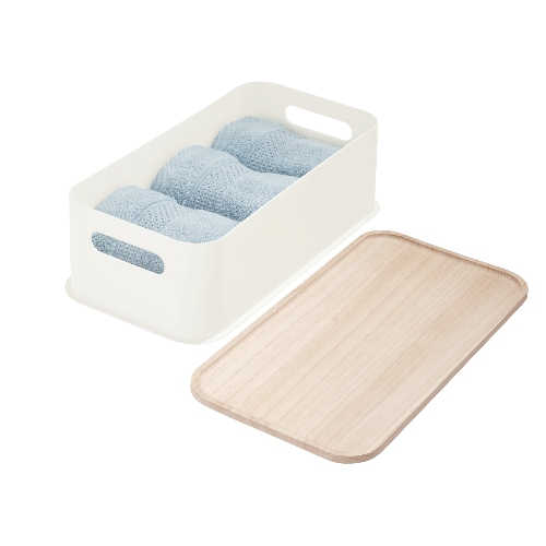 Opbergbox met Handvat en Deksel, 21.3 x 43 x 12.7 cm, Paulownia Hout, Kokoswit - iDesign | Eco Storage