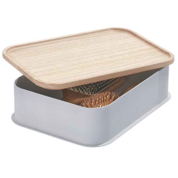 Opbergbox met Deksel, 30.2 x 21.3 x 7.6 cm, Paulownia Hout, Grijs - iDesign | Eco Storage