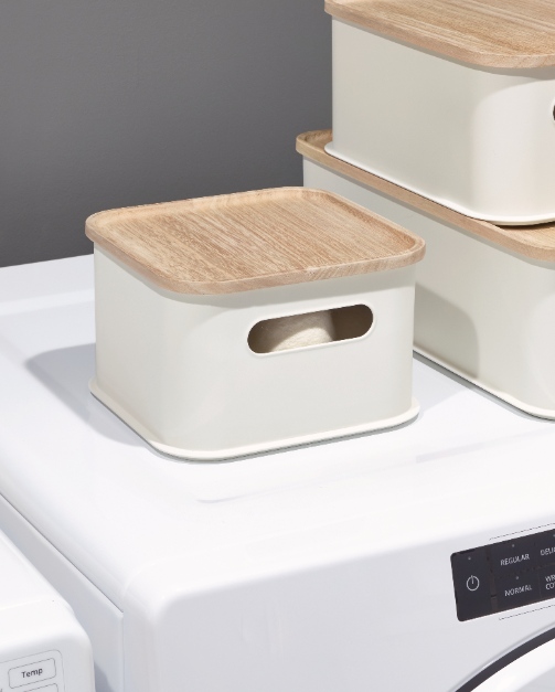 Opbergbox met Handvat en Deksel, 21.3 x 21.3 x 12.7 cm, Paulownia Hout, Kokoswit - iDesign | Eco Storage