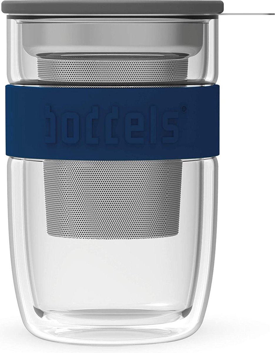 Theeglas, Theebeker, 0.38 L, Incl Filter en Deksel, Dubbelwandig, Nacht Blauw - Boddels | Seev