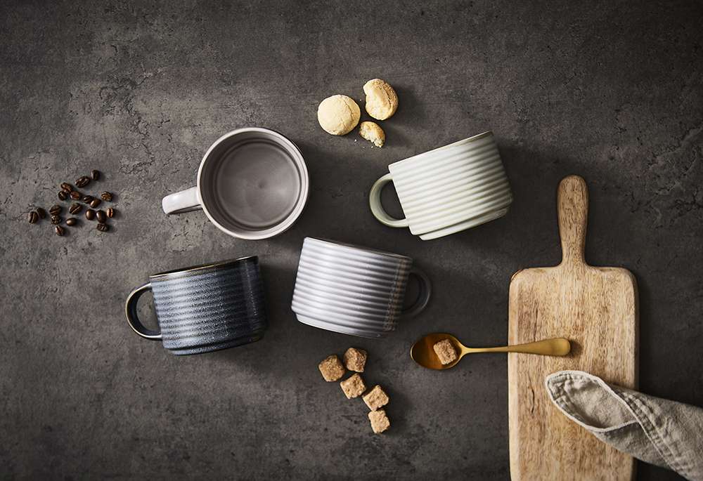 Beker, Mok, Set van 4 Stuks, 0.28 L, Stapelbaar, Rimpel Effect, Keramiek - Barbary & Oak | Totem