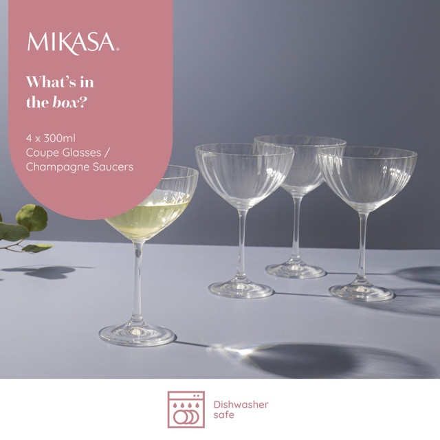 Mikasa Treviso 4pc Champagne Coupe Glasses, 300ml, Gift boxed