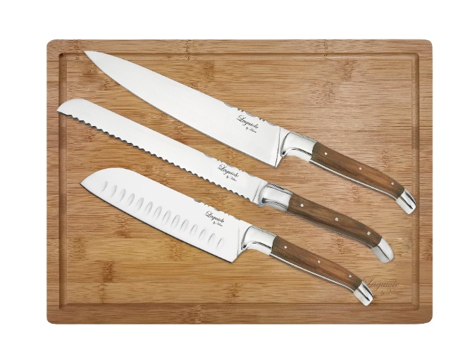 Messenset 3 delig met Bamboe Snijplank, Olijfhout/RVS, Bruin - Santokumes, Broodmes, Kokmes - Laguiole by Haws