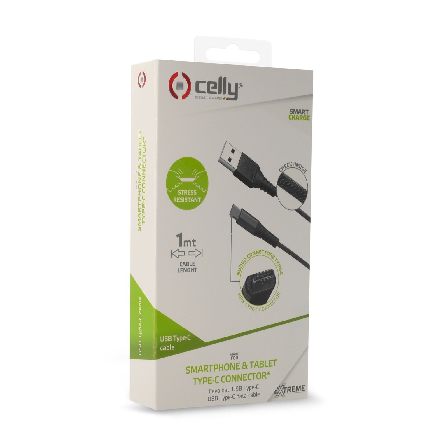 USB-Kabel Type-C, 1 meter, Zwart - Nylon - Celly