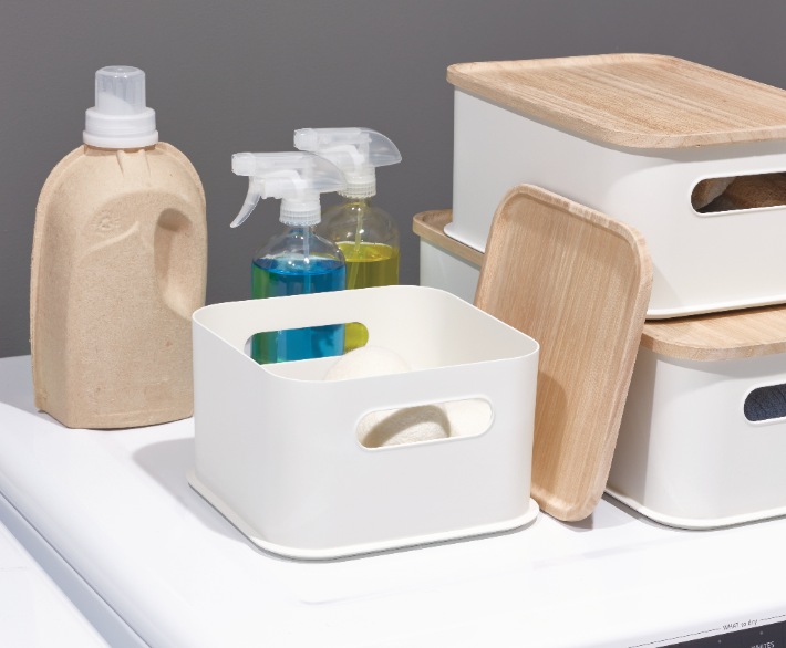 Opbergbox met Handvat en Deksel, 21.3 x 21.3 x 12.7 cm, Paulownia Hout, Kokoswit - iDesign | Eco Storage
