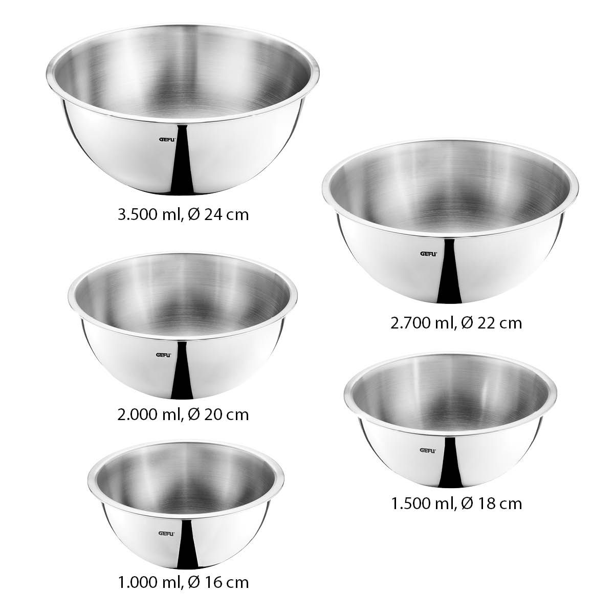Mengkommen, Beslagkommen, Schalen, Set van 5 Stuks, RVS, Vaatwasmachinebestendig - GEFU