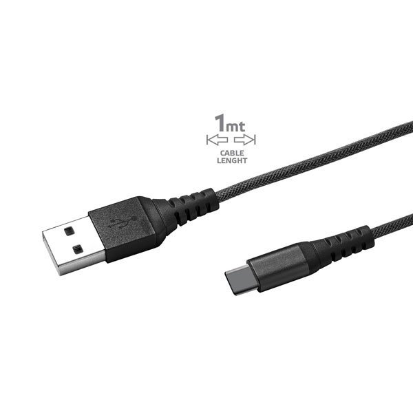 USB-Kabel Type-C, 1 meter, Zwart - Nylon - Celly
