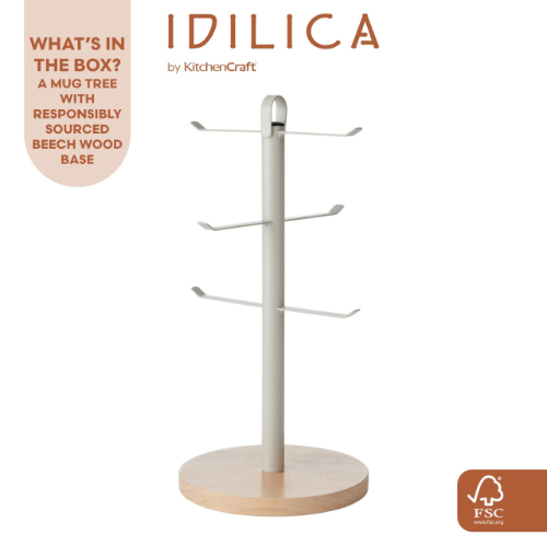 KitchenCraft Idilica Beech Wood and Galvanised Steel Mug Tree, Tagged