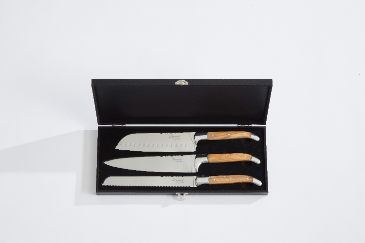 Messenset, 3 delig, Olijfhout/RVS, Bruin - Koksmes, Santokumes, Broodmes - Laguiole by Haws