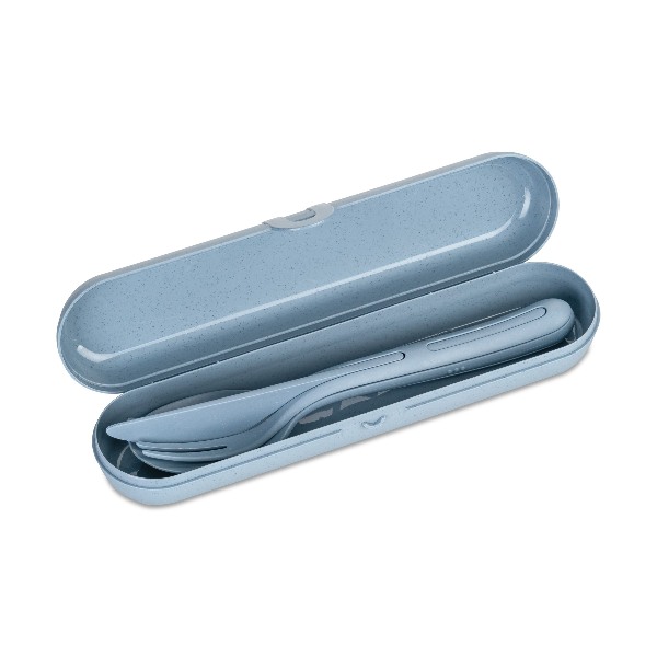 Etui met Reisbestek, Bestekset van 3 Stuks, Mes, Vork, Lepel, Natuur Bloemen Blauw, Organic Bio-Circular - Koziol | Klikk Ready