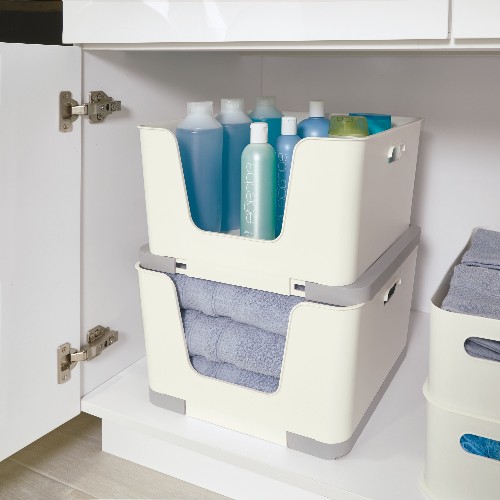 Stapelbare Opbergbox met Opening, 39 x 23 cm, Kunststof, Beige/Grijs - iDesign | Eco Storage